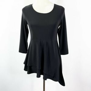 Sympli Top Size 4 Black Asymmetric Fit Flare Tunic 3/4 Sleeve Stretch Scoop Neck